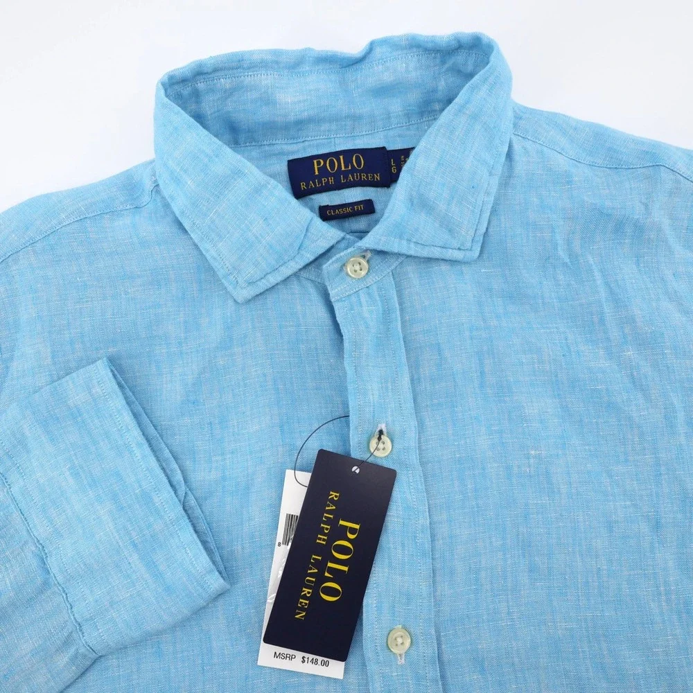NEW Polo Ralph Lauren Linen Button Down Blue Long Sleeve Shirt Mens Large $148